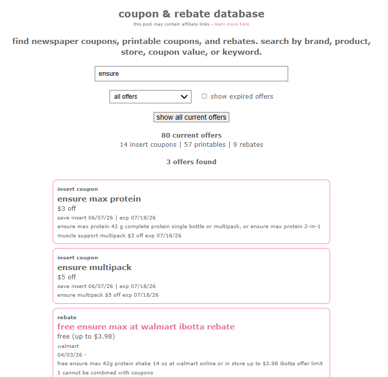 iheartcoupons coupon and rebate database search page showing ensure coupon and rebate results