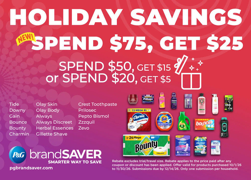 p&g brandSAVER holiday savings rebate spend $75 get $25, spend $50 get $15, or spend $20 get $5
