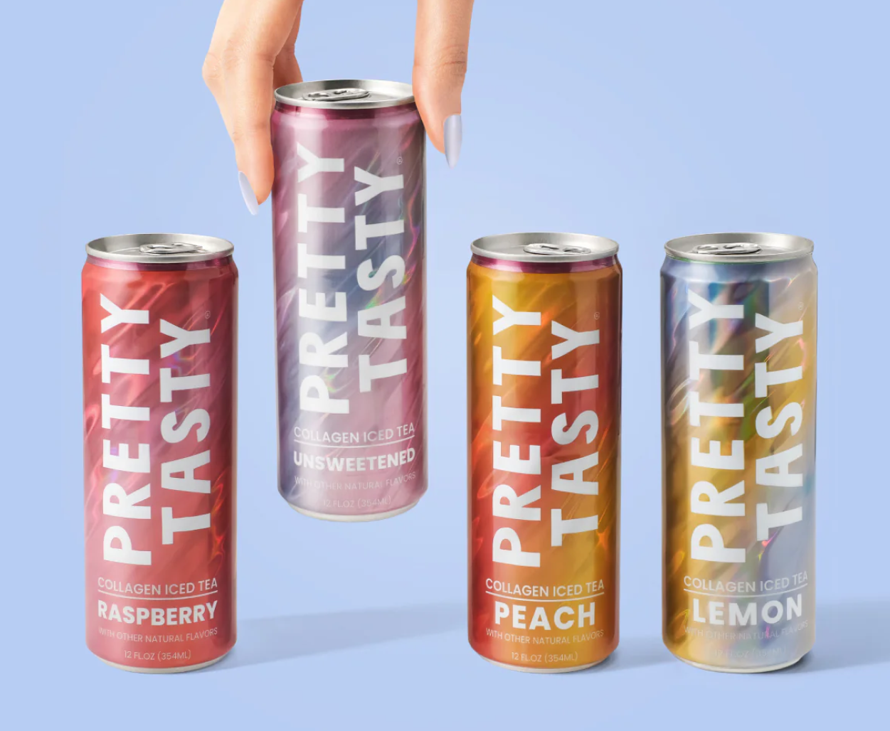 pretty tasty collagen iced tea cans in raspberry, unsweetened, peach, and lemon flavors