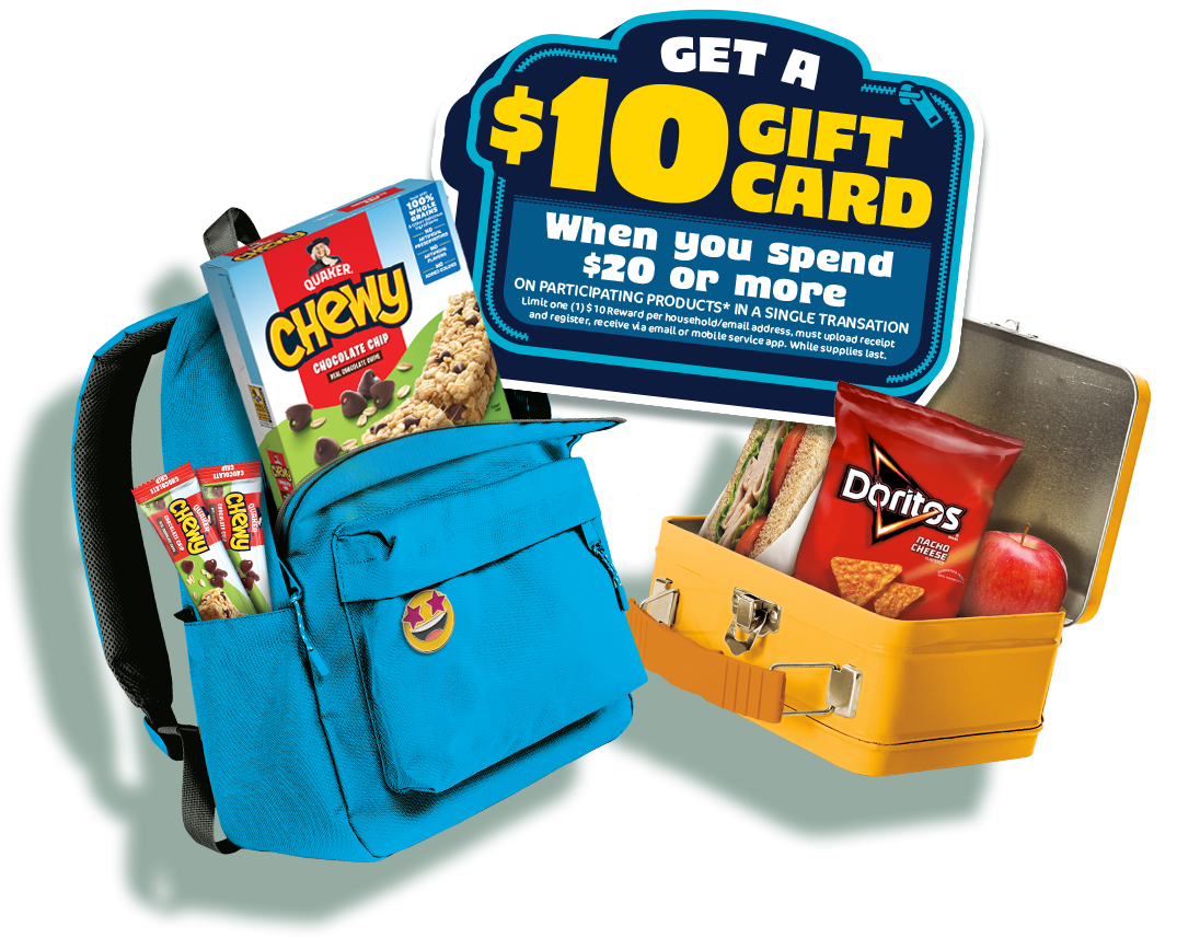 quaker and frito-lay back to school products with lunch bag and backpack