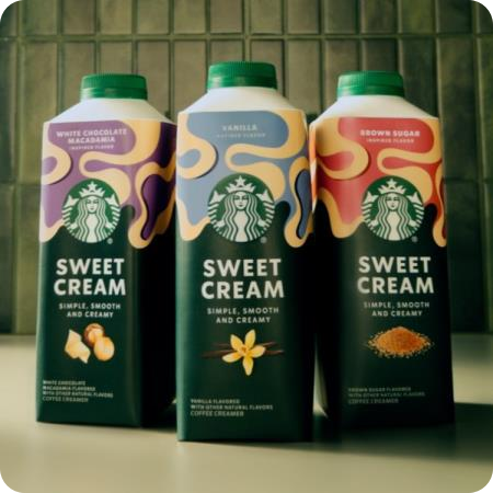 starbucks sweet cream coffee creamers in white chocolate, vanilla, and brown sugar flavors